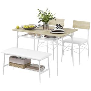Matgrupp Köksbord Ek av Trä och Metall för Kök och Vardagsrum 4 Delar med Matbord Bänk och 2 Stolar