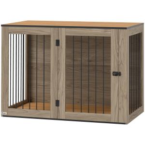 Hundhus Hundbursmöbler Inomhusbur Ek av Trä och Stål för Stora Hundar Dekorativ Hundbox med Dörr 106 x 60 x 76 cm