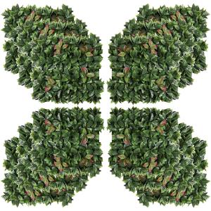 Konstgjord Växtvägg 12-Pack, Dekorativ Häckpanel med Rhododendronblad, Insynsskydd för Balkong och Trädgård, Grön/Röd, 50 x 50 cm
