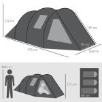 Tunneltält Campingtält Svart av Polyester för 4 Personer med 2 Rum UV-Skydd och Vattentät 2000 mm Vattenpelare