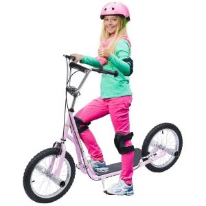 Sparkcykel med Luftdäck 16 Tum, Justerbar Skoter för Barn med Handbroms, Bekväm Körning på Alla Underlag, Rosa, 5 år+