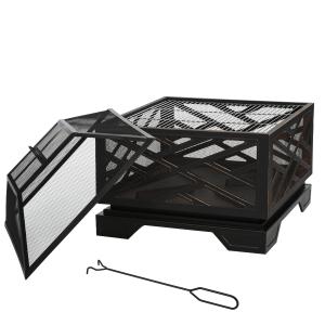 Eldskål Eldkorg Svart av Metall för Trädgård och BBQ 2-i-1 Grill med Gnistskydd Grillgaller och Poker Robust 66 x 66 x 66 cm