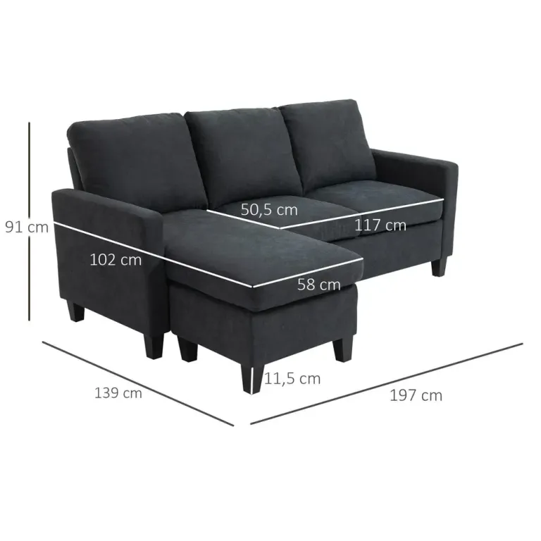 Hörnsoffa l-Form Soffa Mörkgrå av Tyg 197 x 139 x 91 cm