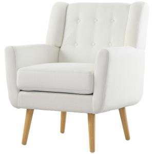 Fåtölj Loungestol Vadderad Wing Stol Vit av Teddy Fleece och Trä för Vardagsrum och Sovrum Relaxstol med Tuftad Design