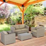 Loungegrupp i Konstrotting 4 Personer, Bekväm Utemöbel med Soffa och Bord, Inkluderar Dynor för Avkoppling, Khaki/Beige