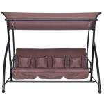 Lyxig Hammock med Liggfunktion, 3-Sitsig Trädgårdsgunga med Justerbart Tak, Bekväm Hängsoffa i Polyester, Brun, 215 x 120 x 165 cm