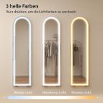 Helkroppsspegel LED Vit Glas för Sovrum Bågformad Golvspegel med Dimbar Belysning och 3 Färger 150x40 cm
