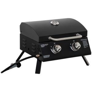 Portabel Gasolgrill med 2 Brännare, Hopfällbar Bordsgrill med Lock och Termometer, Perfekt för Camping och Utflykt, Svart, 55 x 46,5 x 41 cm