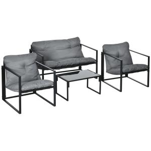 Trädgårdsmöbelset, 1 Glasbord, 2 Fåtöljer och 1 Soffa, Väderbeständig, Grå + Svart, 114 x 70 x 67 cm