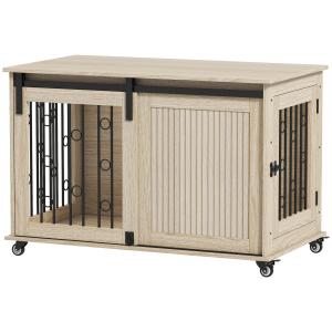 Hundbur Inomhus på Hjul Mörkbrun Trä och Stål för Hundar Hundkoja med Skjutdörr och Lås Robust och Dekorativ Möbel 100x56x65 cm