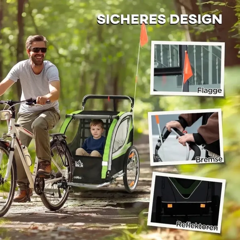 2-i-1 Cykelvagn för 2 Barn Push-Along Funktion Regnskydd