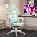 Gamingstol med Kattöron och Utdragbart Fotstöd samt Lutningsbart Ryggstöd för Spel Ergonomisk Havsblå Tyg 120 kg