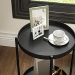 Sidobord Soffbord Svart av Stål och MDF för Vardagsrum och Sovrum Runt Bord med 2 Hyllor 44 x 44 x 56 cm