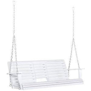 Hängande Trädgårdsbänk med Bord, 2-Sitsig Gungbänk i Trä med Mugghållare, Bekväm Utemöbel för Veranda, Vit, 150 x 75 x 53 cm