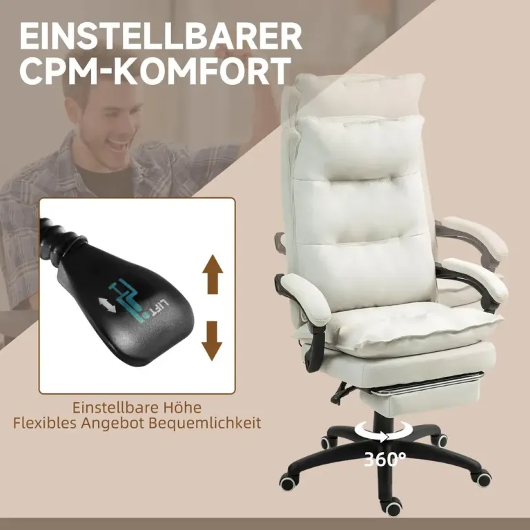 Massage Kontorsstol med Fotstöd & Värme Krämvit