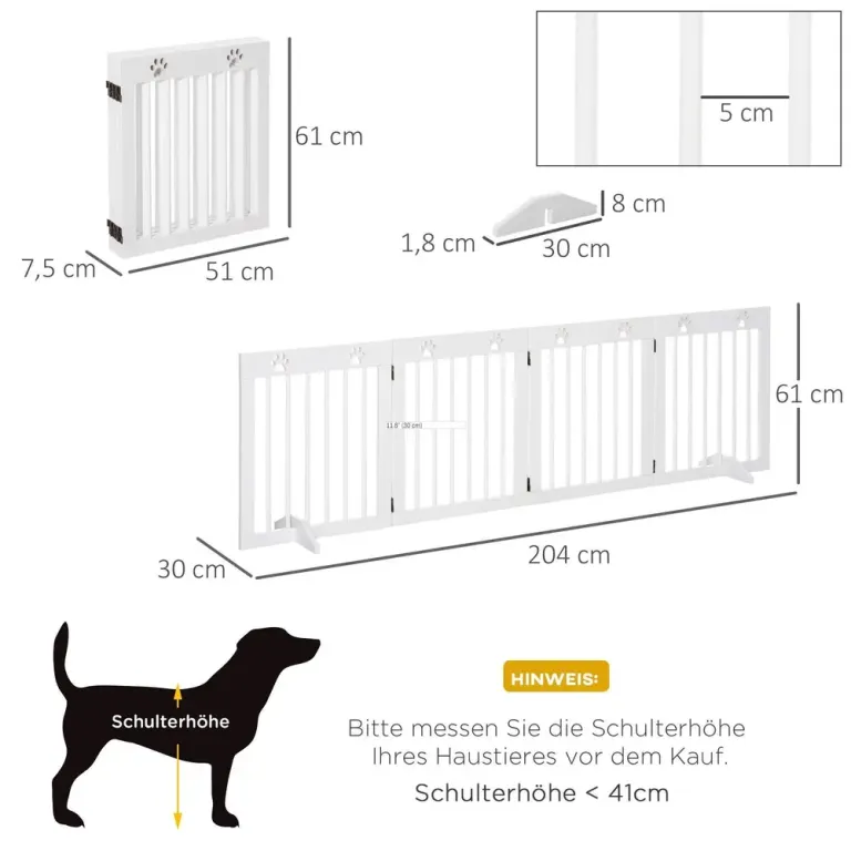 Hundgrind Trappgrind Vit av Trä för Hundar 204 x 61 cm