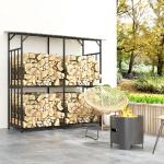 Vedhylla Vedförråd Svart av Stål för Utomhusbruk Träskydd med Lock Lastkapacitet 100 kg 186 x 75 x 185 cm