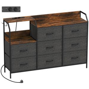 Byrå med 8 Lådor Rustik Brun Tyg och Stål för Sovrum med Laddstation och Hylla Industriell Design 130x30x88 cm
