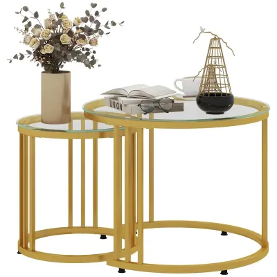 Sidobordsset 2 Kapsbord Kolstål Glasskiva Guld 42 cm