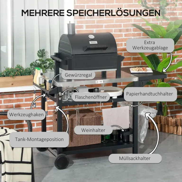 Grillvagn Grillbord Svart av Rostfritt Stål och Metall
