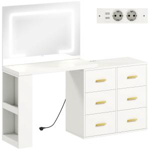 Sminkbord med Justerbar LED-spegel och Eluttag samt 6 Lådor och 2 Öppna Hyllor Hållbar och Ergonomisk Vit Trä och Glas för Sovrum