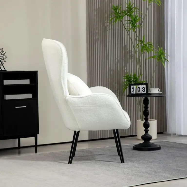 Fåtölj Loungestol med Svankkudde Vit av Teddytyg och Trä