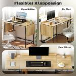 Hopfällbart Datorbord med 2 Förlängningspaneler, Bildskärmsstöd och Metallben, Ek+Svart