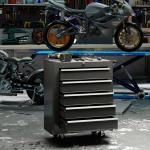 Verktygsvagn Stabil Svart Stål för Organisering i Garage och Verkstad med Fem Lådor och Hjul för Smidig Förflyttning och Förvaring