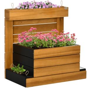 Upphöjd Odlingsbänk med Bevattning, Planteringslåda med 4 Fack och Tyginsats, Ergonomisk Odling för Trädgård, Brun, 79,5 x 49,5 x 80 cm