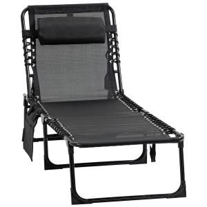Solstol Solsäng Hopfällbar med Nackstöd Svart av Textil och Stål för Trädgård och Strand Justerbar Ryggstöd 185 x 58 x 30 cm
