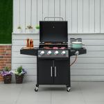 Gasolgrill BBQ med 3 Brännare à 3 kW, Mobil Grillvagn med 4 Hjul, Grillnät, Sidobord och Skåp, Metall, Svart, 132,4 x 55 x 109 cm