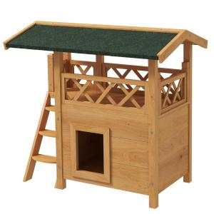 Katthus Kattvilla Natur av Massivt Trä för Utomhusbruk 2-Vånings Hus med Asfalttak och Balkong Trappa för Katter 77 x 50 x 73 cm