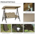 3-Sitsig Hammock med Soltak, Bekväm Trädgårdsgunga i Metall med Dynor, Väderbeständig Hängsoffa, Khaki, 116 x 206 x 183 cm