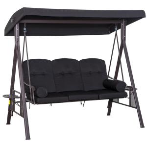 3-Sitsig Hammock med Soltak, Bekväm Trädgårdsgunga i Metall med Dynor, Väderbeständig Hängsoffa, Svart, 116 x 206 x 183 cm
