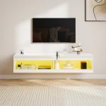 Hängande TV-skåp med RGB LED-belysning i 16 Färger, TV-bänk för 55-60 tums TV, Högblank Vit, 140x40x30 cm