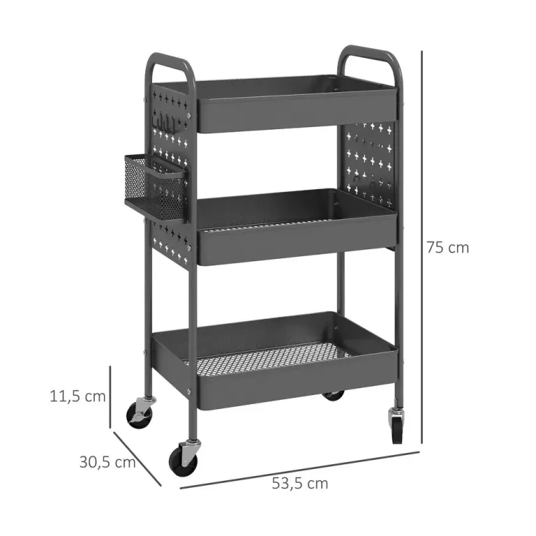 Rullvagn med 3 Hyllplan och Hjul 53,5 x 30,5 x 75 cm, Grå