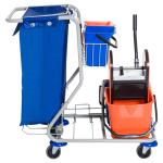 Städvagn 4 Hinkar Torkarvagn Systemvagn med Hjul Professionell Rengöringsutrustning Blå Orange 100 X 70 X 103 Cm