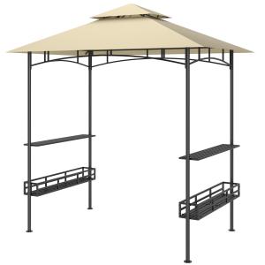 Grillpaviljong Trädgårdspaviljong med Dubbeltak Beige av Stål för Fest och Grill Vattentät BBQ Paviljong med Hyllor 240 x 150 x 257 cm
