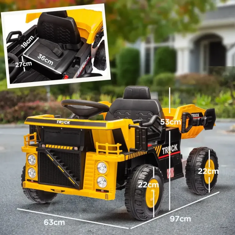 Elbil Traktor med Tippflak & Skopa för Barn Gul