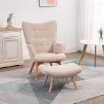 Vingstol med Pall Relaxstol Beige av Tyg med Sladdlook och Trä för Vardagsrummet Stoppad Fåtölj TV Stol Bekväm Design