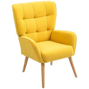 Fåtölj Loungestol Relaxstol med Träben Gul av Sammetslook och Trä för Vardagsrum och Sovrum Stoppad Lässtol