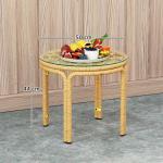 Runt Sidobord i Polyrattan, Soffbord med Glasbordsskiva, Gul, Ø50 cm