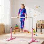 Gymnastikstång, 13-nivås Höjdjusterbar Horisontell Stång, Trä och Robust Stålkonstruktion, Lastkapacitet upp till 75 kg, för Barn 3+, Inomhus och Utomhus, Rosa