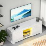 TV-skåp med LED-belysning, 2 Skåpdörrar, Glashylla och Kabelhål i Spånskiva, Vit