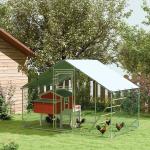 Hönshus Hönsgård Frigående Bur Silver av Galvaniserat Stål för 6-8 Kycklingar Utehus med Foderlucka 300 x 200 x 195 cm