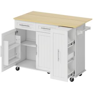 Köksö på Hjul Vit MDF och Trä för Kök Serveringsvagn med Utfällbar Bänkskiva och Lådor Förvaring med Skåp Praktisk