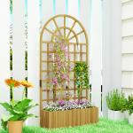 Spaljé med Blomlåda Naturfärgad Trä för Trädgård och Uteplats Växtstöd med Dräneringshål och Klättergaller Insynsskydd 90x30x180 cm