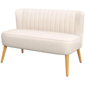 Soffa Loveseat 2-Sits Krämvit av Tyg med Linnelook och Trä för Vardagsrum Dubbelsoffa med Träben Lastkapacitet upp till 150 kg 117 x 56,5 x 77 cm