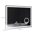 Kleankin Badrumsspegel LED Spegel Silver av Glas för Badrum med 3x Förstoring och Touchfunktion 3 Ljusfärger Anti-Imma Funktion 80 x 60 cm