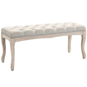 Klädd Sittbänk i Vintage-Stil, Elegant Sängbänk med Träben och Linneöverdrag, Bekväm Sittplats för Sovrum, Beige, 110 x 40 x 48 cm